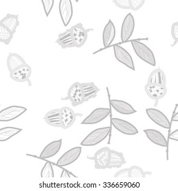 Seamless    pattern  of  floral motif, doodles, acorns, twig, branches, leaves . Hand drawn.