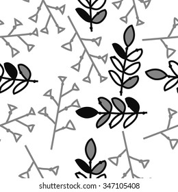 Seamless pattern  of floral  motif, doodles, branches, twigs, leaves. Hand drawn.