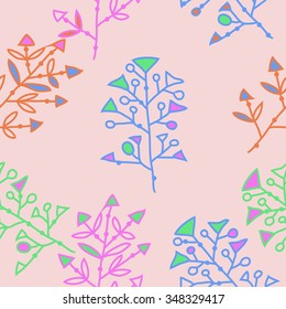 Seamless  pattern  of floral motif, doodles, branches, spots, hole. Hand drawn.