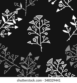 Seamless  pattern  of floral motif, doodles, branches, spots, hole. Hand drawn.