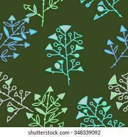 Seamless  pattern  of floral motif, doodles, branches, spots, hole. Hand drawn.