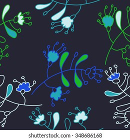 Seamless pattern  of floral motif, doodles, branches, spots,leaves, hole. Hand drawn.