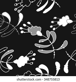 Seamless pattern  of floral motif, doodles, branches, spots,leaves, hole. Hand drawn.