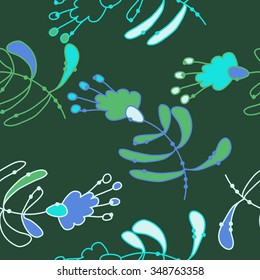 Seamless pattern  of floral motif, doodles, branches, spots,leaves, hole. Hand drawn.