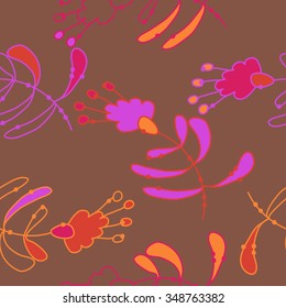 Seamless pattern  of floral motif, doodles, branches, spots,leaves, hole. Hand drawn.