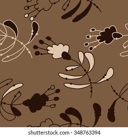 Seamless pattern  of floral motif, doodles, branches, spots,leaves, hole. Hand drawn.