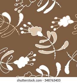 Seamless pattern  of floral motif, doodles, branches, spots,leaves, hole. Hand drawn.