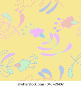 Seamless pattern  of floral motif, doodles, branches, spots,leaves, hole. Hand drawn.