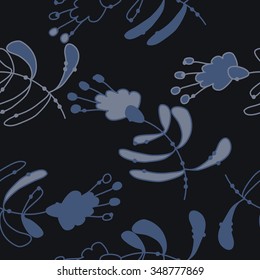 Seamless pattern  of floral motif, doodles, branches, spots,leaves, hole. Hand drawn.