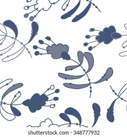 Seamless pattern  of floral motif, doodles, branches, spots,leaves, hole. Hand drawn.