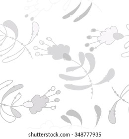 Seamless pattern  of floral motif, doodles, branches, spots,leaves, hole. Hand drawn.