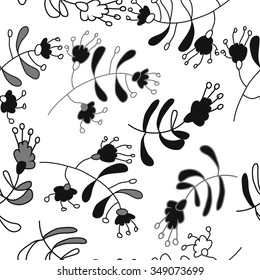 Seamless pattern  of floral motif, doodles, branches, spots,leaves, hole. Hand drawn.