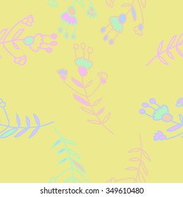 Seamless pattern  of floral motif, doodles, branches, spots,leaves, hole. Hand drawn.