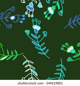 Seamless pattern  of floral motif, doodles, branches, spots,leaves, hole. Hand drawn.