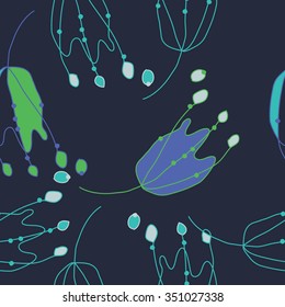Seamless pattern  of floral motif, doodles, hole, spots,stamens, ellipses. Hand drawn.