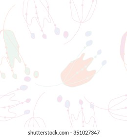 Seamless pattern  of floral motif, doodles, hole, spots,stamens, ellipses. Hand drawn.