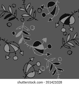 Seamless pattern  of floral motif, doodles, hole, spots,stamens,leaves. Hand drawn.