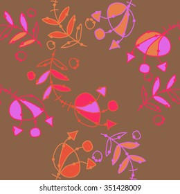 Seamless pattern  of floral motif, doodles, hole, spots,stamens,leaves. Hand drawn.