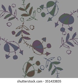 Seamless pattern  of floral motif, doodles, hole, spots,stamens,leaves. Hand drawn.