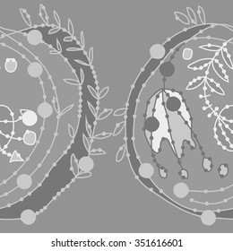 Seamless pattern  of floral motif, doodles, hole, spots,stamens,leaves, garland, tulip. Hand drawn.