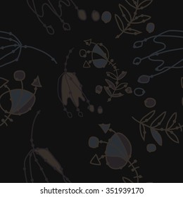 Seamless pattern  of floral motif, doodles, hole, spots,stamens,leaves,  tulip. Hand drawn.