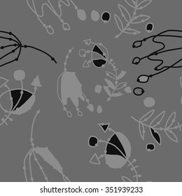Seamless pattern  of floral motif, doodles, hole, spots,stamens,leaves,  tulip. Hand drawn.