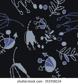 Seamless pattern  of floral motif, doodles, hole, spots,stamens,leaves,  tulip. Hand drawn.
