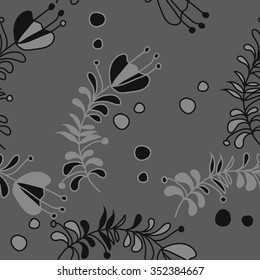 Seamless pattern  of floral motif, doodles, hole, spots,stamens,leaves, branches. Hand drawn.