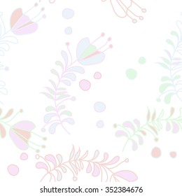 Seamless pattern  of floral motif, doodles, hole, spots,stamens,leaves, branches. Hand drawn.