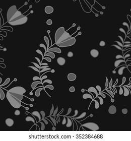 Seamless pattern  of floral motif, doodles, hole, spots,stamens,leaves, branches. Hand drawn.