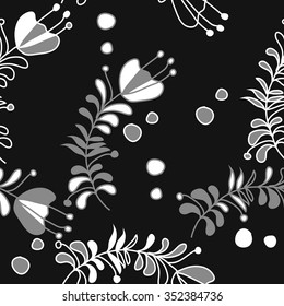 Seamless pattern  of floral motif, doodles, hole, spots,stamens,leaves, branches. Hand drawn.