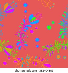 Seamless pattern  of floral motif, doodles, hole, spots,stamens,leaves, branches. Hand drawn.
