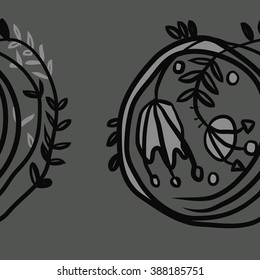 Seamless pattern  of floral motif, doodles, hole, spots, garland, leaves, branches, bell,stamens, copy space. Hand drawn.