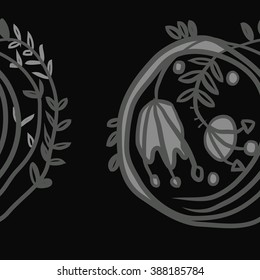 Seamless pattern  of floral motif, doodles, hole, spots, garland, leaves, branches, bell,stamens, copy space. Hand drawn.