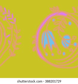 Seamless pattern  of floral motif, doodles, hole, spots, garland, leaves, branches, bell,stamens, copy space. Hand drawn.