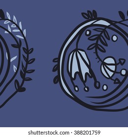Seamless pattern  of floral motif, doodles, hole, spots, garland, leaves, branches, bell,stamens, copy space. Hand drawn.