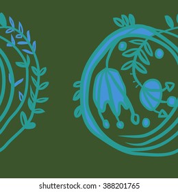 Seamless pattern  of floral motif, doodles, hole, spots, garland, leaves, branches, bell,stamens, copy space. Hand drawn.