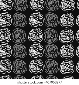 Seamless pattern of floral motif, doodles, stylized rosy, leaves, spirals. Hand drawn.
