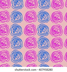 Seamless pattern of floral motif, doodles, stylized rosy, leaves, spirals. Hand drawn.