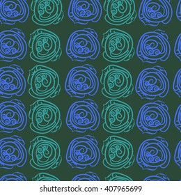 Seamless pattern of floral motif, doodles, stylized rosy, leaves, spirals. Hand drawn.