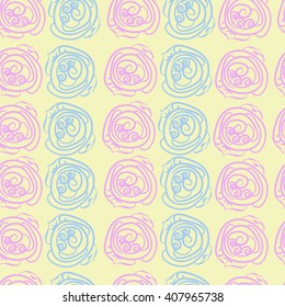 Seamless pattern of floral motif, doodles, stylized rosy, leaves, spirals. Hand drawn.