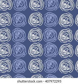 Seamless pattern of floral motif, doodles, stylized rosy, leaves, spirals. Hand drawn.