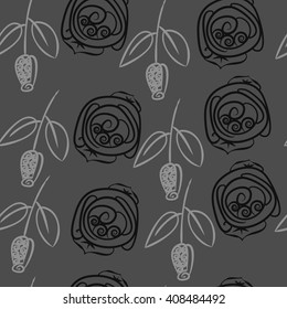 Seamless pattern of floral motif, doodles, stylized rosy, leaves, spirals, branches, bud. Hand drawn.