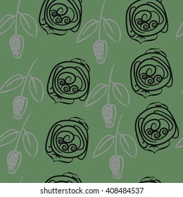 Seamless pattern of floral motif, doodles, stylized rosy, leaves, spirals, branches, bud. Hand drawn.
