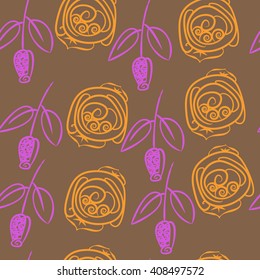 Seamless pattern of floral motif, doodles, stylized rosy, leaves, spirals, branches, bud. Hand drawn.