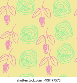 Seamless pattern of floral motif, doodles, stylized rosy, leaves, spirals, branches, bud. Hand drawn.