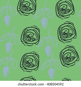  Seamless pattern of floral motif, doodles, stylized rosy, leaves, spirals, branches, bud. Hand drawn.