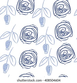 Seamless pattern of floral motif, doodles, stylized rosy, leaves, spirals, branches, bud. Hand drawn.