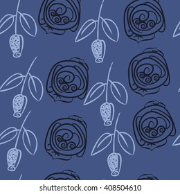  Seamless pattern of floral motif, doodles, stylized rosy, leaves, spirals, branches, bud. Hand drawn.