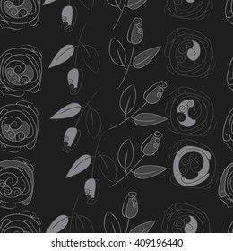  seamless pattern of floral motif, doodles, stylized rosy, leaves, spirals, spots,branches, bud. Hand drawn.